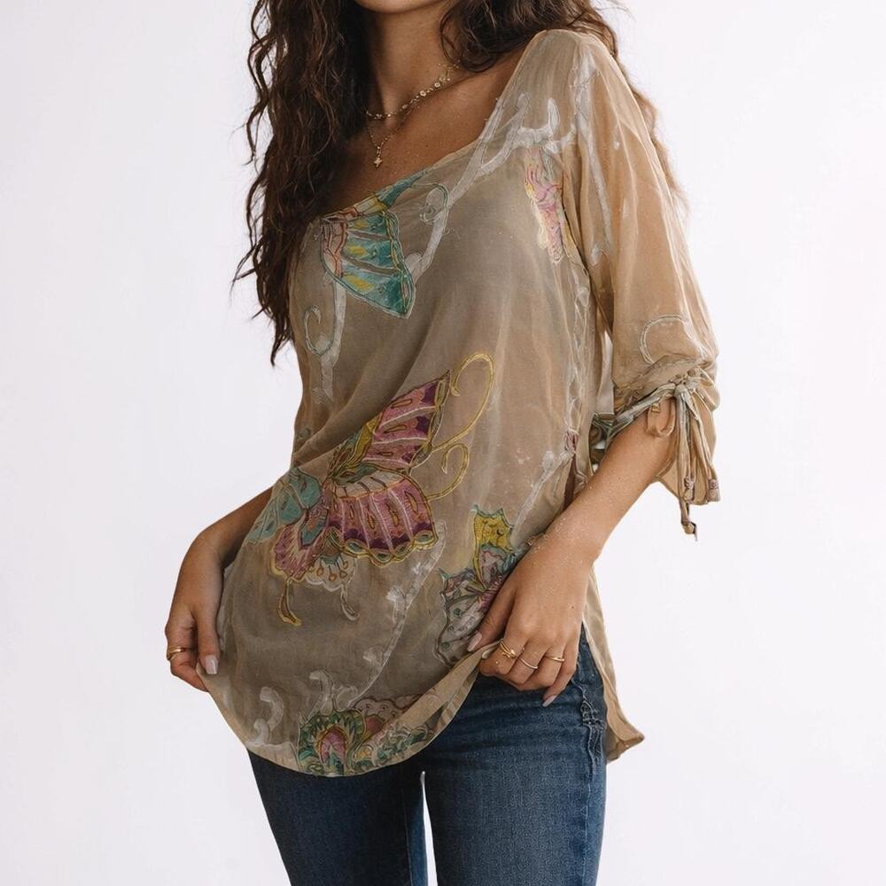 2000s Surface Sheer Butterfly Boho Velvet Burnout Tie Sleeve Blouse Medium